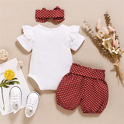 Patpat Baby Girl Clothes Ruffle Short Sleeve Letter Print Romper And Dots Floral Print Shorts With Headband Set Cameo Brown 3-6 Months #TOP1