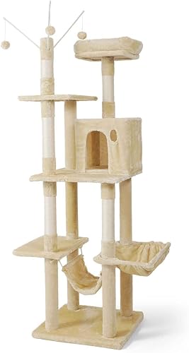 BOWHAUS Árbol alto para gatos o gatitos grandes de interior, árbol de actividades para gatos de varios niveles con postes rascadores, hamaca,