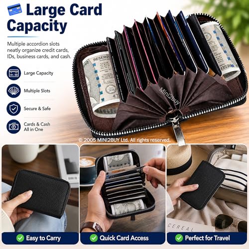 Image of MINI2BUY Leather Wallet Unisex for Large Capacity slot upto 25-30 Cards with RFID Blocking For Credit-Debit-Atm-Business Visiting (2.2 x 11 x 7.4 cm) Personal & Corporate Gift (Zipper Clouser) (Black)