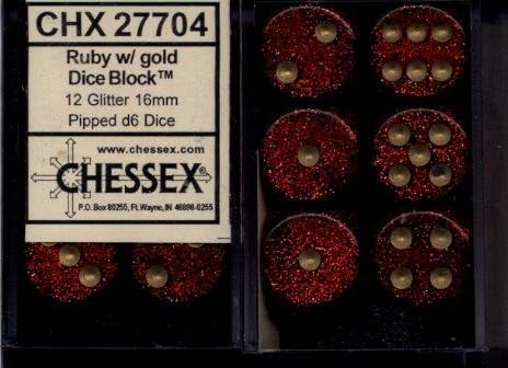 Chessex Dice d6 Sets: Glitter Ruby / Gold - 16mm Six Sided Die (12) Block of Dice