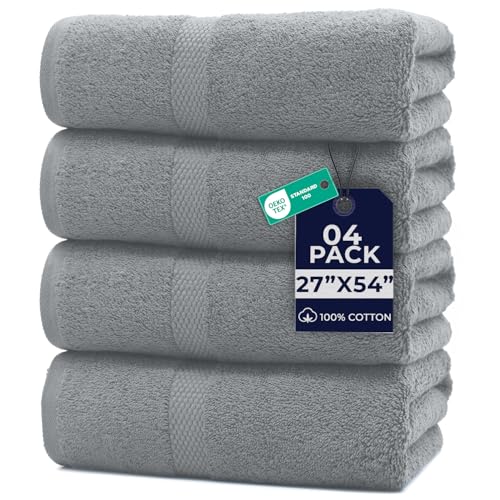 Image of DAN RIVER Bath Towels Set of 4, 27 x 54 Inches, 100% Cotton, Larger & Lighter Weight, Quicker to Dry, Super Soft and Absorbent, Ideal Thick Towels for Daily Use, Silver
