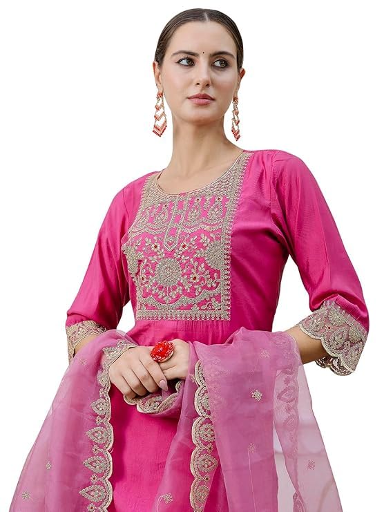 Image of VredeVogel Women's Silk Blend Embroidered Kurta with Pant & Silk Chiffon Dupatta Set