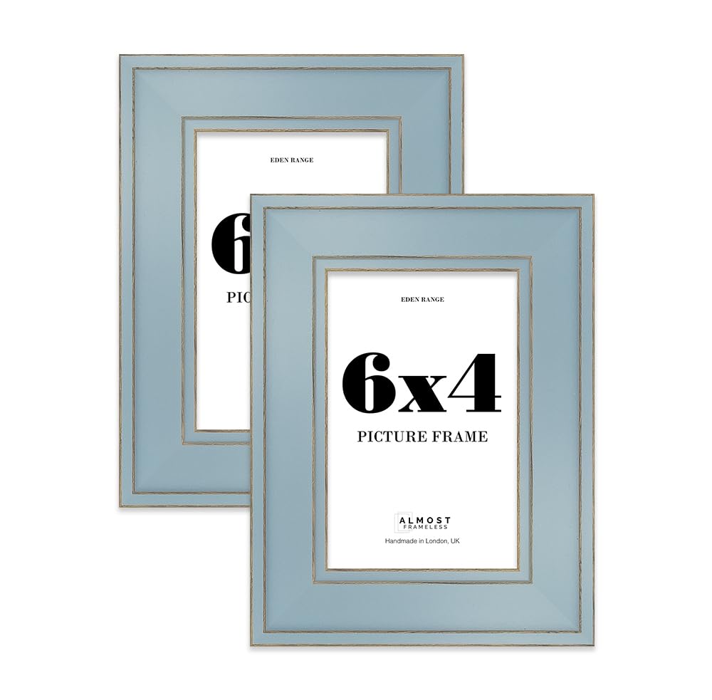 6x4 Cornflower Blue Picture Frame - Shabby Chic Photo Frame with Distressed Finish, Gold Trim, Wall Hooks and Kickstand, 37mm Edge - 2 Pack