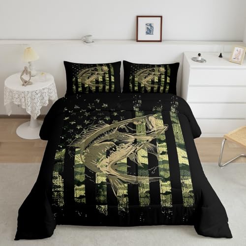Feelyou Bass Fish Comforter Set Twin Size Fisherman Camouflage Bedding Set Pike Fish Camo American Flag Comforter for Women Men Fsihing Lover Room Farmhouse Fishing Bed Set Wild Quilted Set 2Pcs