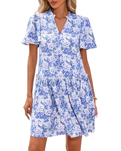 BTFBM Women Summer Dresses 2025 Short Sleeve V Neck Tiered Ruffle Boho Swing Dress A-Line Floral Mini Dresses(Floral Blue Multicolored,Large)