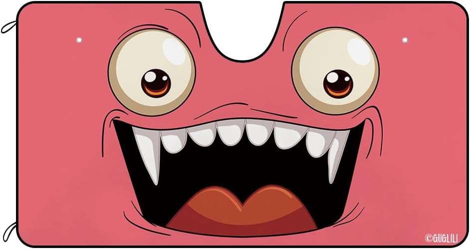 Cartoon Smile Face Windshield Sun Shade Kawaii Funny Eyes Car Front Window Sunshade Sun Visor Protector Blocks UV Rays 55 X 30 Inch Coral