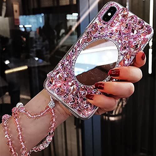HFICY Funda para teléfono con 2 protectores de pantalla de cristal y cordón, diseño de cristales de espejo de maquillaje para mujer (rosa, para Moto
