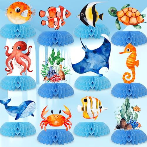 12 pcs Ocean Sea Animals Honeycomb Centerpieces Ocean Themed Birthday Party Decorations Tropical Beach Themed Party Decorations Fish Crab Turtle Seahorse Sea Creature Birthday Party Supplies