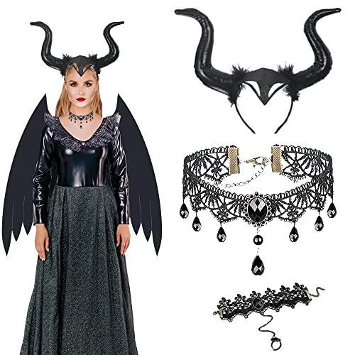 Yi'antai Bandeau Corne de Démon, 3pcs Cornes Diable Noir set, Serre-tête Corne Diable, Bandeau Demon avec Chocker Dentelle Bracelet en dentelle pour Maléfique Accessoire Gothique Décoration Cover