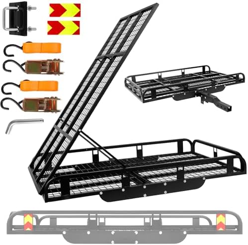 Hitch Cargo Carrier with Adjustable Ramp, 1200LB Alloy Steel Cargo Basket, Includes Tie-Down Straps, Luggage Rack for Pickup/SUV (Fits 2 inch Hitches)