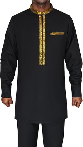 Miniatura 3 de Conjunto de camisa y pantalones bordados dorados africanos para hombre, trajes tradicionales tribales