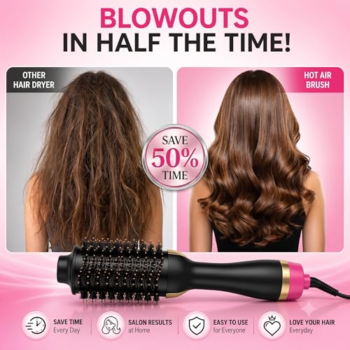 Image of 3-in-1 Hot Air Brush Hair Dryer & Volumizer, One Step Hair Dryer Brush for Straightening, Curling & Styling, Ionic Ceramic Thermal Hair Brush, Hair Straightener Brush for Women & All Hair Types