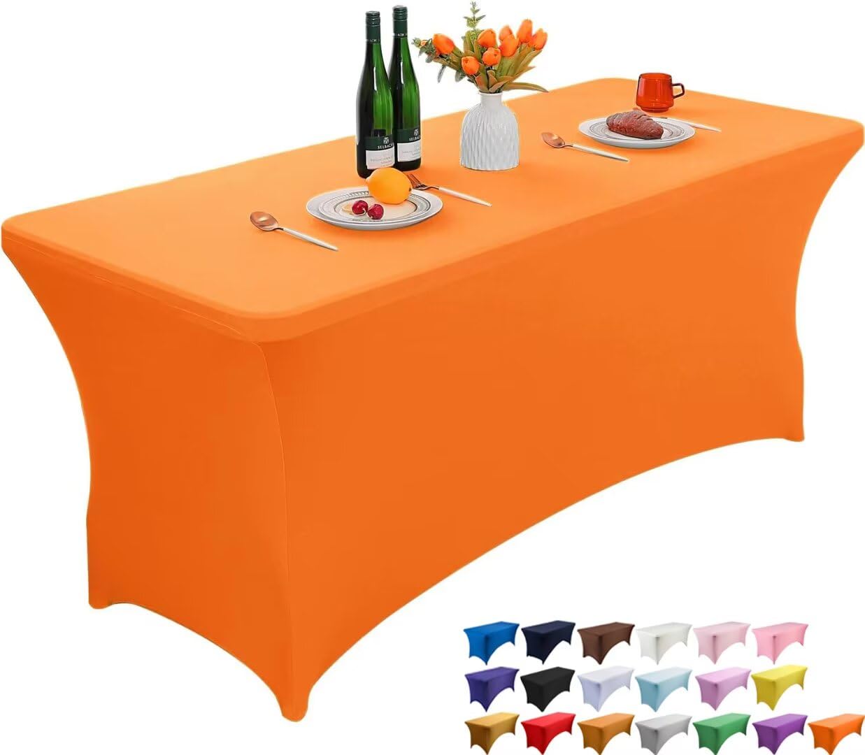 Wolfway Orange 8Ft Stretch Spandex Table Cover Washable And Wrinkle Resistant Kitchen Spandex Tablecloth Fitted Rectangular Table For Party,Banquet,Weddings,Cocktail And Festival
