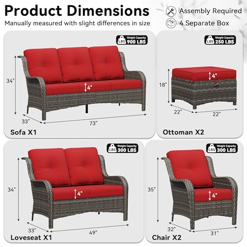 Image of 6 Piece Outdoor Wicker Patio Furniture Set, Patio Chairs Set with Thickened Olefin Cushions, High Back and Deep Seating, Hand-Woven PE Rattan, Ottoman for Porch, Deck