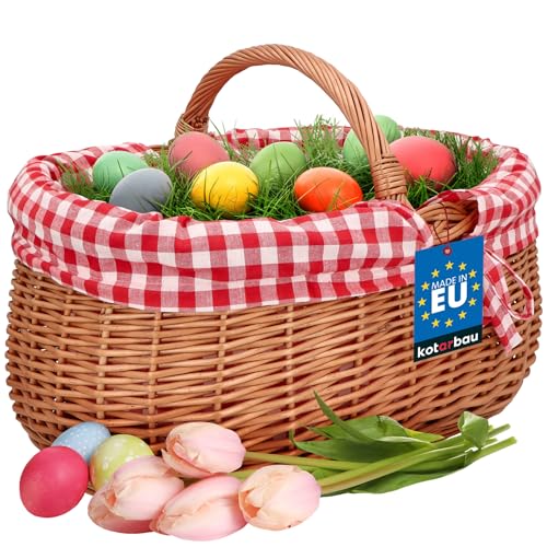 KOTARBAU® Panier en Osier - avec Anse - 46 x 32 x 43 cm - Naturel - Panier Champignon - de Récolte - avec Doublure en Tissu à Carreaux Rouges - Alimentaire