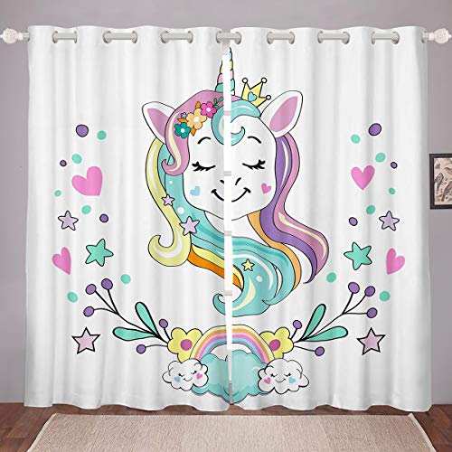 Enhörning fönster draperier magiskt djurtryck gardiner för barn pojkar flickor fantasi enhörning gardiner för sovrum vardagsrum älva tecknat mönster rumsdekoration, B 46 x L54