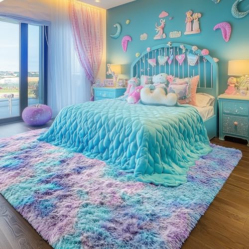 PAGISOFE Plush Rainbow Rugs for Bedroom Girls, 6x9 Soft Purple Shag Washable Area Rugs for Livingroom, Girls Room, Nursery, Classroom, Home Decor, Fluffy Fuzzy Carpet Mermaid Kawaii Pink Rugs