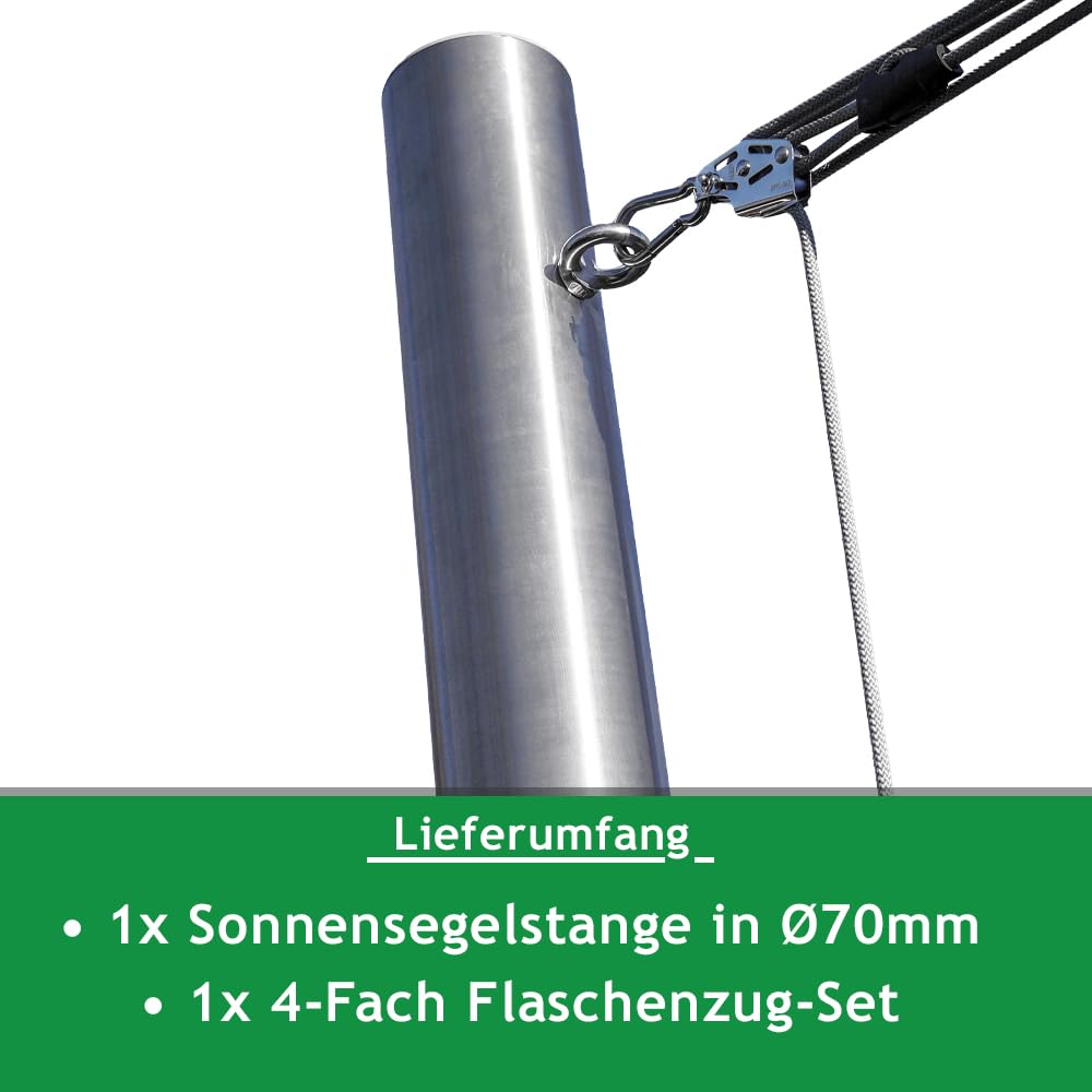 Sonnensegel Stange aus V2A Edelstahl mit 3-Punkt Höhenverstellung inkl. Zubehör - 4-Fach Flaschenzug-Set zur Segel Befestigung | für sehr große Segel (3,5m, Ohne Bodenhülse)