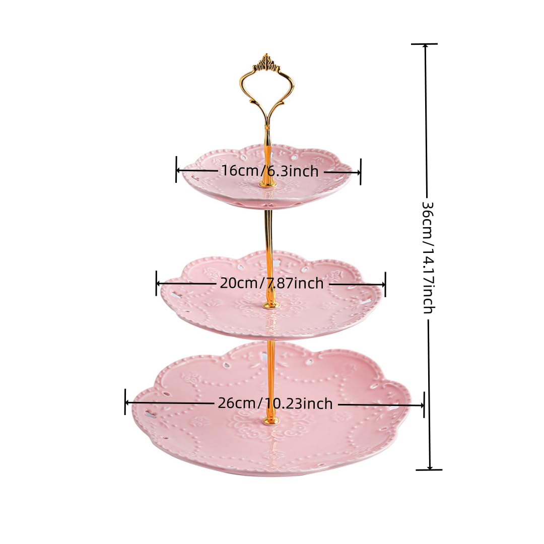 Hovico Soporte de cerámica para tartas de 3 niveles, soporte escalonado para tartas, plato decorativo para servir té, bandeja para sándwich de té para fiestas, bodas, cenas con luz de velas