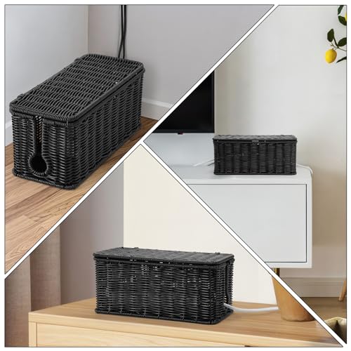 Image of ZhiYo Rattan Cable Management Box, Black Desk Cord Organizer, 2 Pack (M&L)