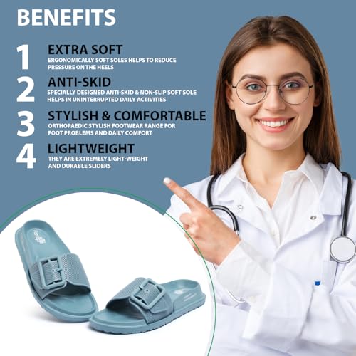 Image of FOOT UP Women's Soft Buckle Slides | Cushioned Anti-Skid Slippers for Women | Lightweight Comfort Sandals with Adjustable Buckle | Slip-On Footwear for Home Use, Indoor Areas & Outdoor Movement