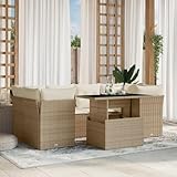 La livraison comprend : 4 assises d'angle, 2 canapés centraux, 1 table de jardin, 10 coussins pour dossier, 6 coussins d'assise avec housses amovibles et lavables. Capacité de charge maximale (par assise) : 110 kg. Résistant aux rayons U. Montage requis : oui.