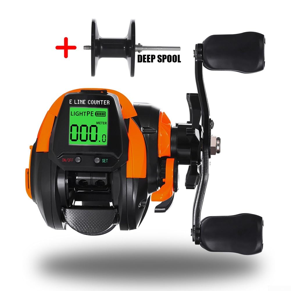 DAZZLEEX Moulinet de pêche numérique Baitcasting Main Gauche Main Droite en Option avec Position de Profondeur d'alarme de Morsure avec Bobine de Rechange (Main Droite Orange)