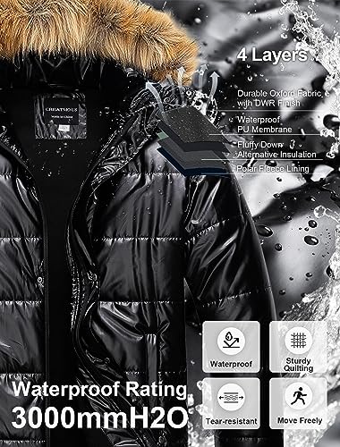 CREATMO US Men's Big and Tall Puffer Jacket Waterproof Winter Coats Fleece Lined Detachable Fur Hood Available In 2X To 6X4
