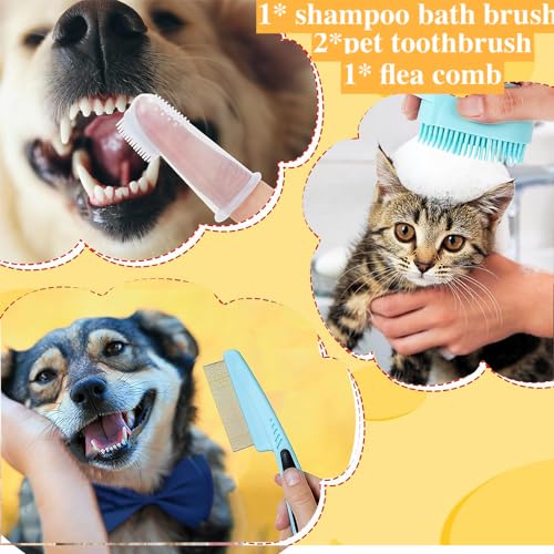 Image of Qubccum 7pcs Pet Grooming Kit, Self-Cleaning Brush Shedding Kit with Nail Clipper, Flea Comb, Shampoo Bath Brush, Finger Toothbrush, Storage Bag (Blue)