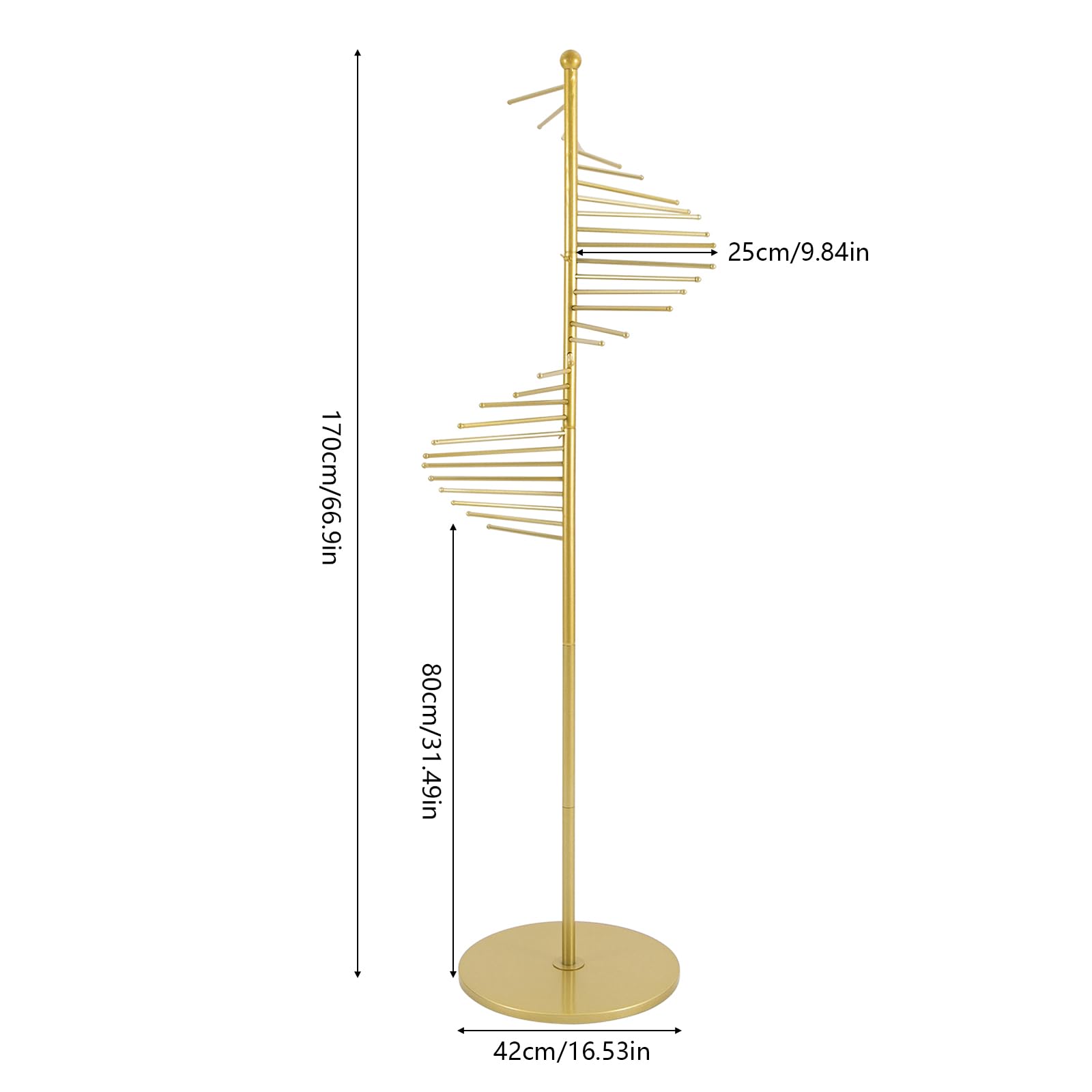 AOIDFOA Freestanding Spiral Scarf Display Rack - 5.5ft Height & 16.5in Diameter Gold Metal Floor Standing Organizer with Sturdy Base for Clothing Store Commercial Home, Space Saving Shelves (Gold)