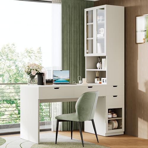 Image of JIVOIT Vanity Desk with Mirror, Versatile Makeup Dressing Table with 8 Hidden Storage Compartments, 3 Drawers, 2 Cabinets and Open Shelves, Glass Door, Computer Desk for Home Office
