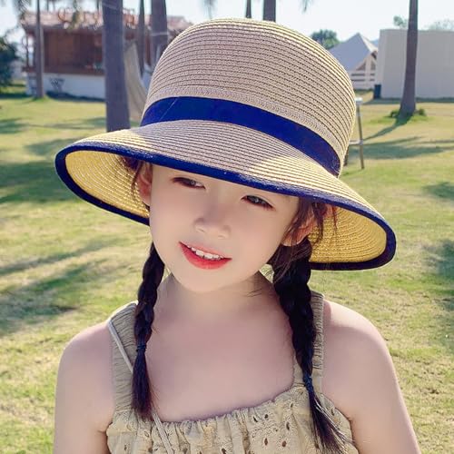 Breathable Wide Brim Sun Hat for Girls Summer UV Protection Straw Hats Floppy Beach Bucket Hat Fitted for Kids Toddlers2