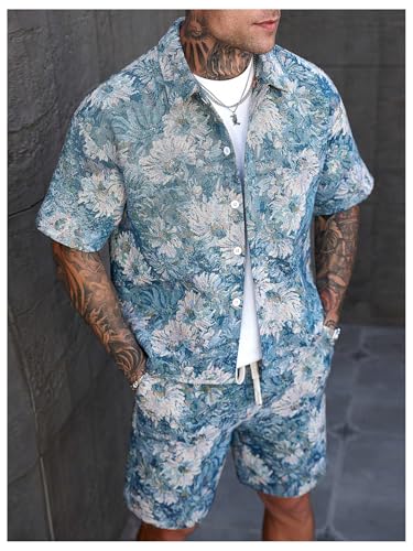 Men's 2 Piece Vacation Outfits Floral Short Sleeve Button Down Shirt and Shorts Summer Clothing Set3