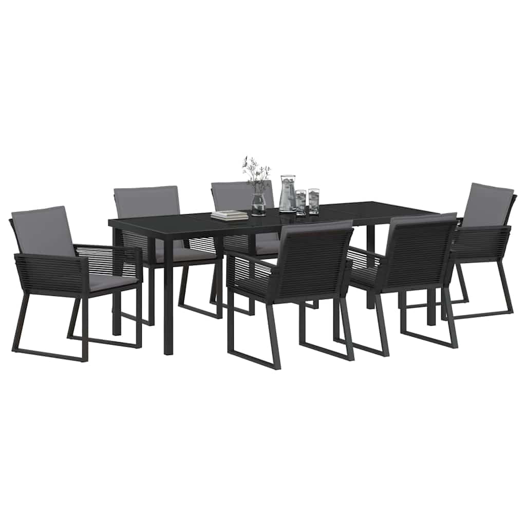 Juego de 7 muebles de jardín de acero recubierto de polvo negro, polirratán con cojines, 6 plazas, resistente a la intemperie, para terraza, balcón, resistente a los rayos UV, fácil de