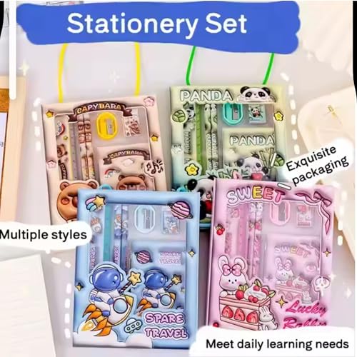 Image of Kids Stationery Gift Box | Fancy School Supplies for Children | Best for Birthday Return Gift| Combo Set with Pencils, Eraser, Scale, Sharpner & Notepad (Set of 6)