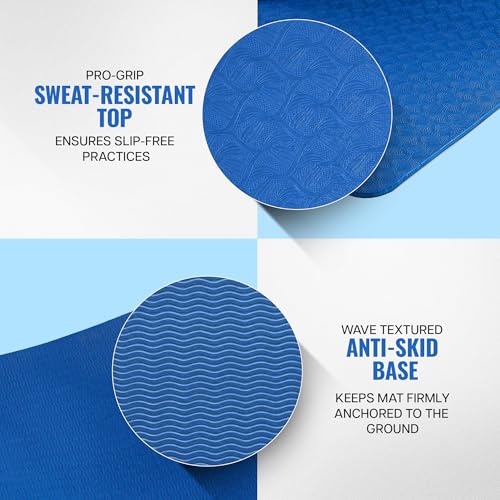 Image of WiseLife Classic Eco-TPE 6 MM Yoga Mat with Yoga Strap for Men & Women | Extra Thick, Long & Wide Non-Slip, Anti-Tear Exercise Mat for Home, Gym, Workout, Fitness, Yoga & Pilates (Blue)