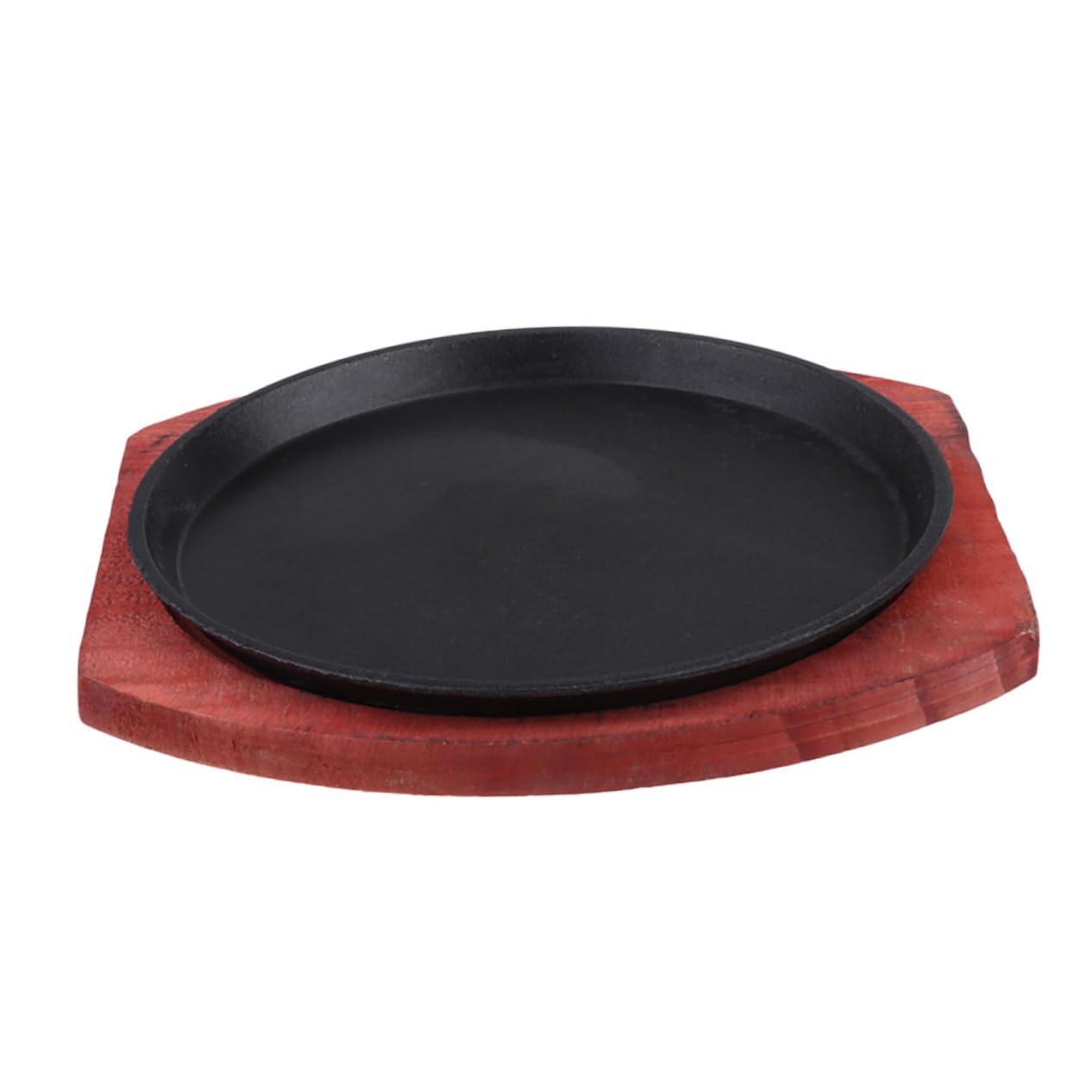 Hemoton Cast Iron Sizzling Pan Set with Wooden Serving Plates Non Stick Fajita Cooking Pan Durable Round Grill Plate for Home Cooking and Family Dinners