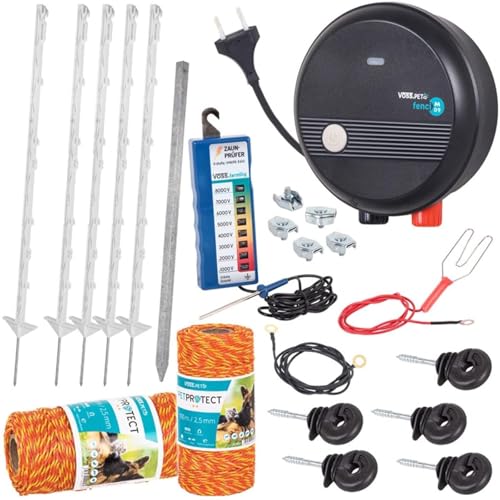 VOSS.PET Elektrozaun Komplettset für Hunde Hundeset, Weidezaun Elektrozaun Gartensicherung Hundezaun Katzenzaun mit Weidezaungerät, Elektrozaungerät