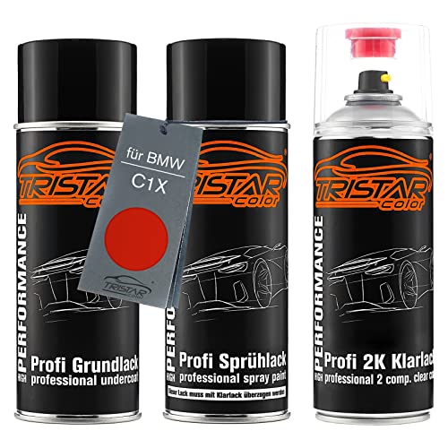 TRISTARcolor Autolack 2K Spraydosen Set für BMW C1X Sunset Orange Perl Metallic Grundlack Basislack 2 Komponenten Klarlack Sprühdose
