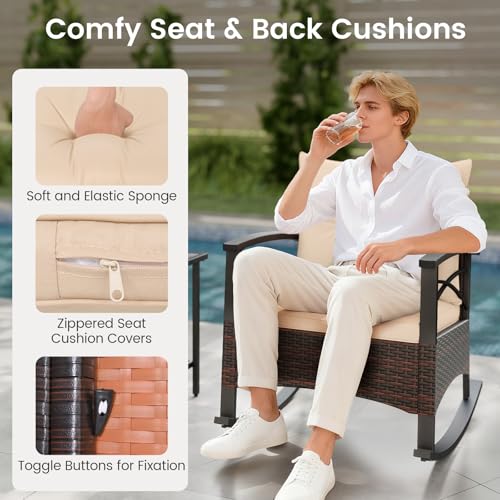 Image of Tangkula 3 Pieces Wicker Outdoor Rocking Chairs Set | Heavy Duty | Cushioned | Rattan Rocker Bistro Set w / 2-Tier Tempered Glass Coffee Table for Garden, Balcony, Backyard