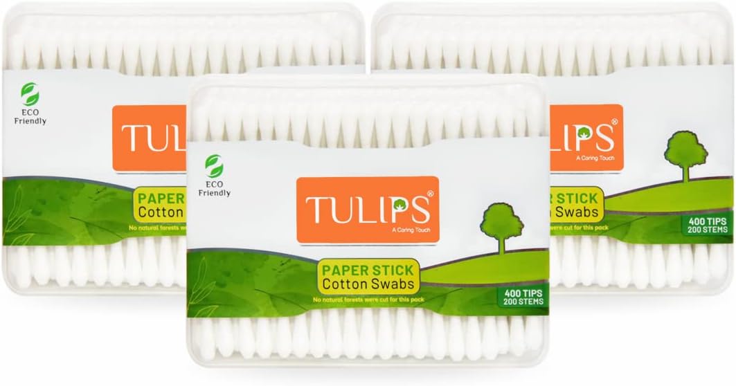 TULIPS Cotton Ear Buds/Swabs (Pack of 3) with white PAPER Sticks 200/400 Tips in a Flat Box