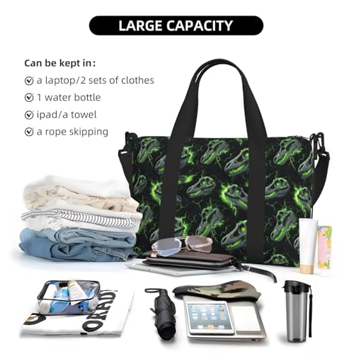 Travel Duffle Bags For Women Men - Green Dinosaur Skulls Print Personal Item Weekender Overnight Gym Carry On Airport Tote Bag With Strap For Yoga, Travel, Business Trips4