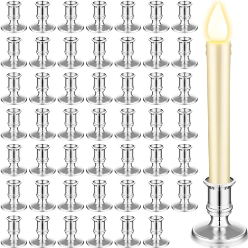 Window Candle Taper Candle Holders Plastic Traditional Candlesticks for Table Centerpiece Pillar Candle Base Holder for Halloween Christmas Wedding Dinner Tables (Silver,12 Pieces)