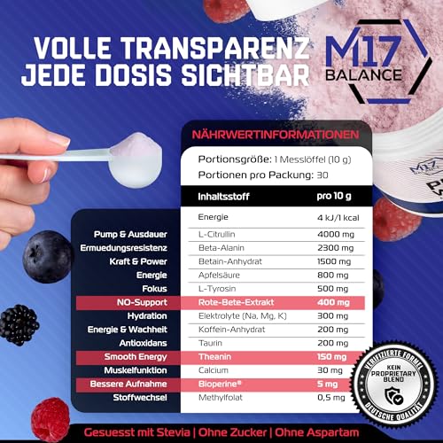 Pre-Workout Pulver – Performance Blend mit 4000 mg L-Citrullin pro Portion, Beta-Alanin, Betain & Koffein (200 mg) – Energie, Fokus & Ausdauer, Zuckerfrei, Vegan – Mix Berry Geschmack – 30 Portionen