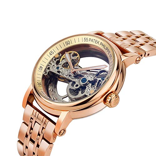 Image of Men's Patek Phillip Skeleton Transparent Automatic Chronograph Watch (Beige Dial, Rosegold Strap)