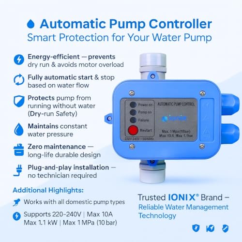 Image of IONIX Automatic Water Pump Controller for Home | Auto Start and Stop | Dry Run Protection | Motor Safety and Energy Saving | Compatible with Monoblock and Borewell Pumps | Easy Installation