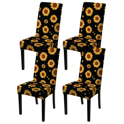 Image of Nuxovilar 4PCS Sunflower Black Background Stretch Chair Covers | Stretch Slipcover Furniture Protector Floral Wrap Seat Guard Dining Room Patio Kitchen Party (Sunflower Pattern)