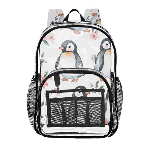 linqin Cute Penguins Flowers Clear Backpack for High School Clear Book Bags for Teen Girls Transparent Heavy Duty Bag