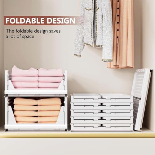 Image of Go Hooked Foldable Wardrobe Organizer with Drawer Style Pull Out Design | Pack of 8 Small (44x34x14.5 cm) Shelf Storage Box | Heavy Duty Plastic Shirt Stacker for Cupboard, Almirah & Closet | White