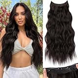 KooKaStyle Invisible Wire Hair Extensions with Transparent Wire Headband Adjustable Size 4 Secure Clips Long Wavy Synthetic Hairpiece for Women (24 Inch Rich Dark Brown with Warm Tones/6#)
